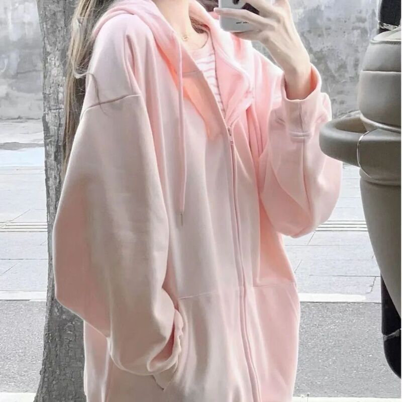 日系软妹粉色开衫外套女可爱新款韩系连帽卫衣宽松慵懒风春秋薄款|undefined