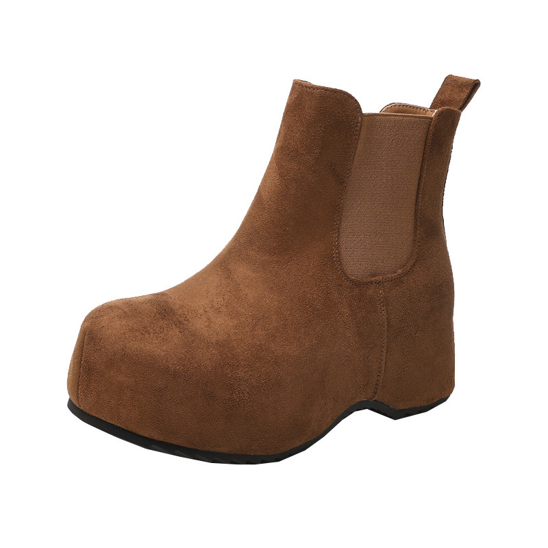Boot Chelsea nữ cổ thun đế dày tăng chiều cao lót lông cừu mùa thu đông — Màu nâu