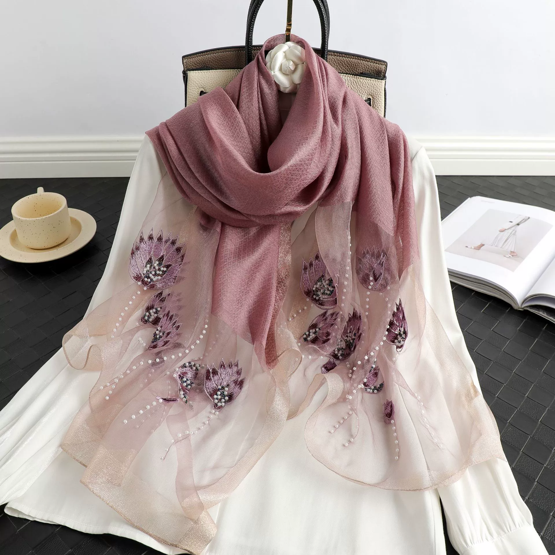 Silk scarf handmade, with embroidery, thin weaving