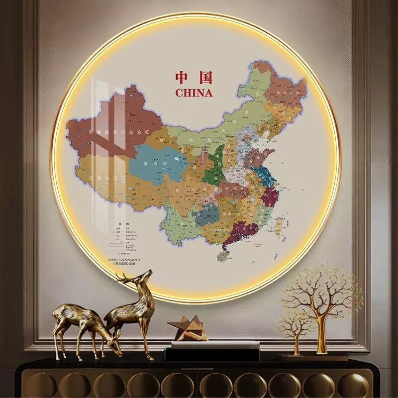 灯光圆形中国地图挂画世界地图墙面装饰壁画玄关客厅办公室灯画