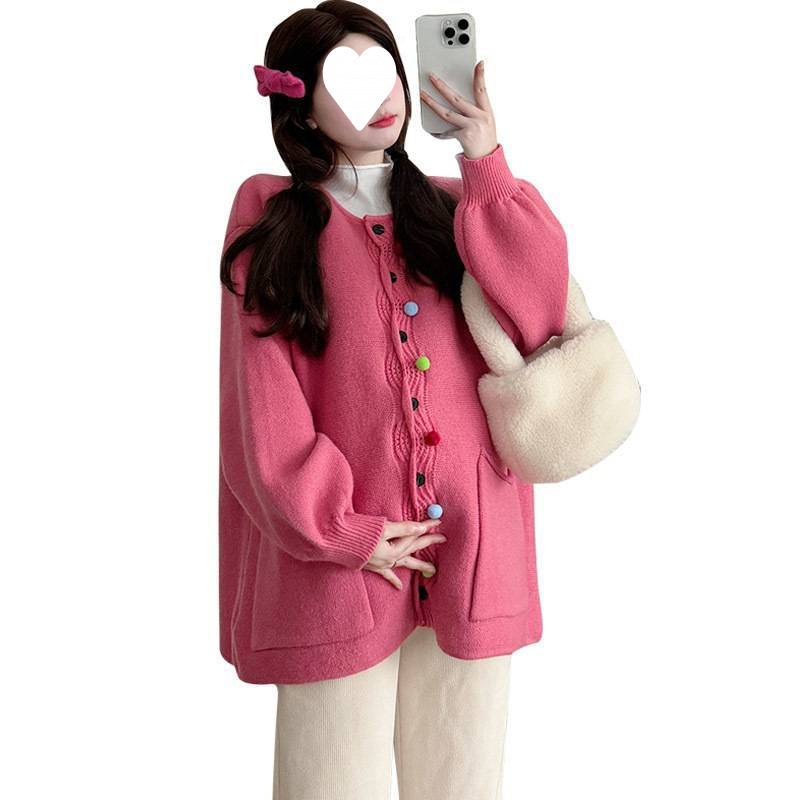 가을과 겨울 느슨한 두꺼운 사탕 컬러 스웨터 자켓베이스 셔츠 바지 유행 엄마 3 피스 세트