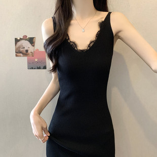 Black Knitted Inner Vest Dress for Women Summer Plus Size Fat mm Slimming Look Suspender Hip Skirt