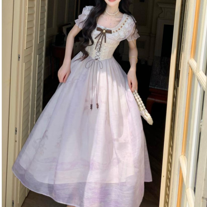 Blovelan Orange Sea Sweet Gradient Print Romantic Purple Waist-Cinching Short-Sleeve Dress Long Dress Summer