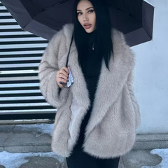 网红Ins大翻领狐狸毛外套宽松毛茸茸仿皮草大衣蓬松柔软环保皮草