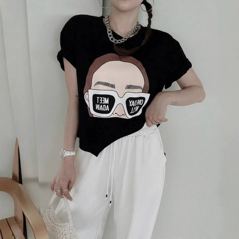 Южная Корея Dongdaemun 2025, летняя новая корейская стильная асимметричная дизайнерская художественная роспись, хлопковая футболка с короткими рукавами, женские топы