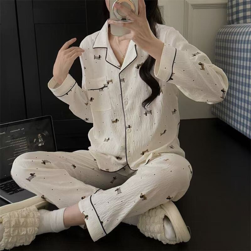 Tiktok Cloud Cotton Pajamas for Women, Spring and Autumn Long-Sleeve Long-Pants Cartoon Cute Ins Student Loungewear Set for Going Out