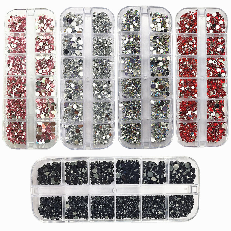 Nail jewelry 12 grid acrylic Diamond rhinestone silver AB red size mixed resin flat nail patch