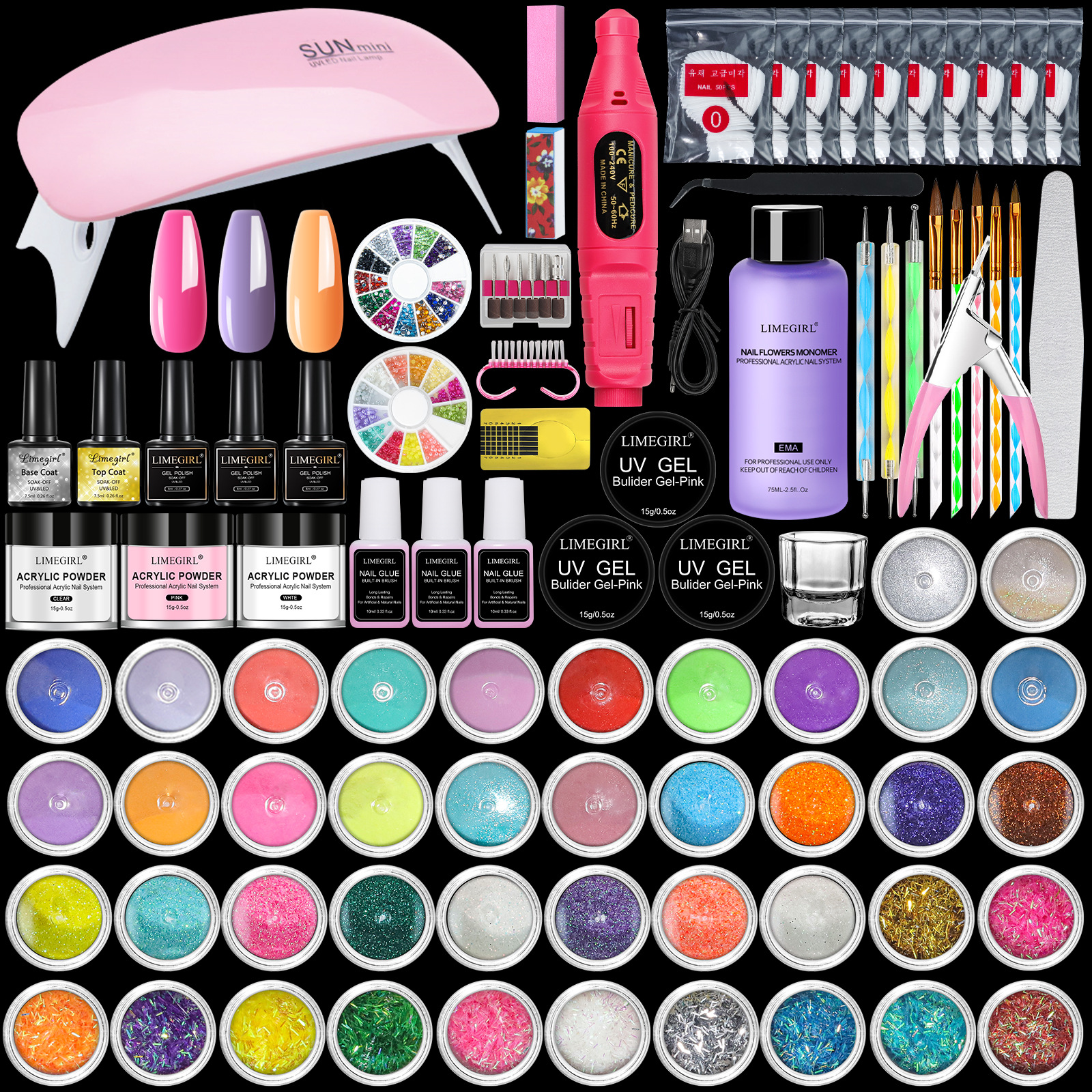 Juego de polvo de cristal para manicura transfronterizo, herramientas de manicura, lámpara de fototerapia, juego completo de suministros de joyería, venta al por mayor.