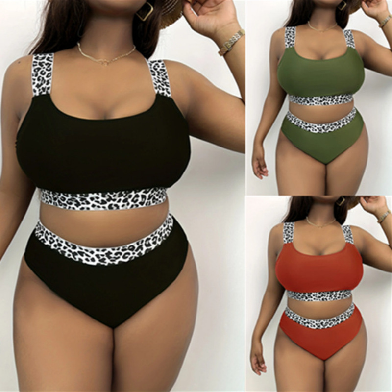 New European American Style Plus-Size Tank Top Bikini With Solid Color And Leopard Print, High-Waisted, Popular On_ecoleips.com