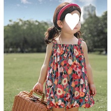 女童吊带裙2024夏季新款油彩斑斓满印花朵宝宝文艺可爱清凉连衣裙
