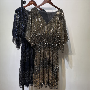 A generation of hair Party Women's sparkling beaded sequins waist stretch bat sleeve dress dress dress four colors