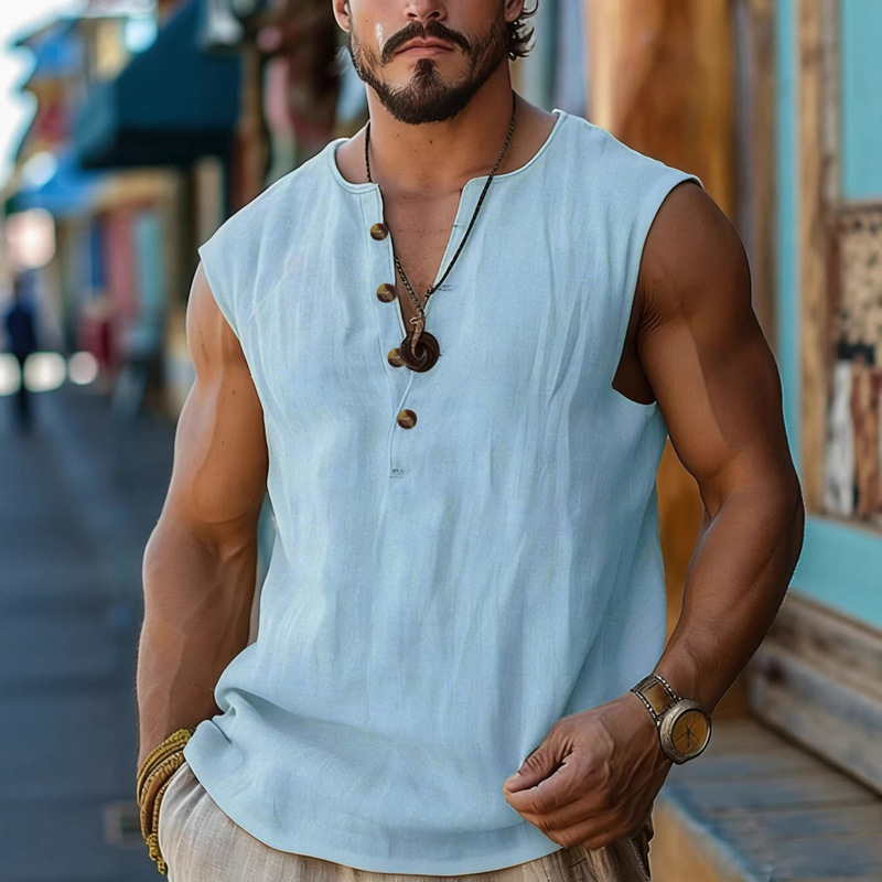 2026 Summer Cross-Border European and American Men's Sleeveless Vest Fashionable Simple Men's Shirt Loose Breathable Henley Top