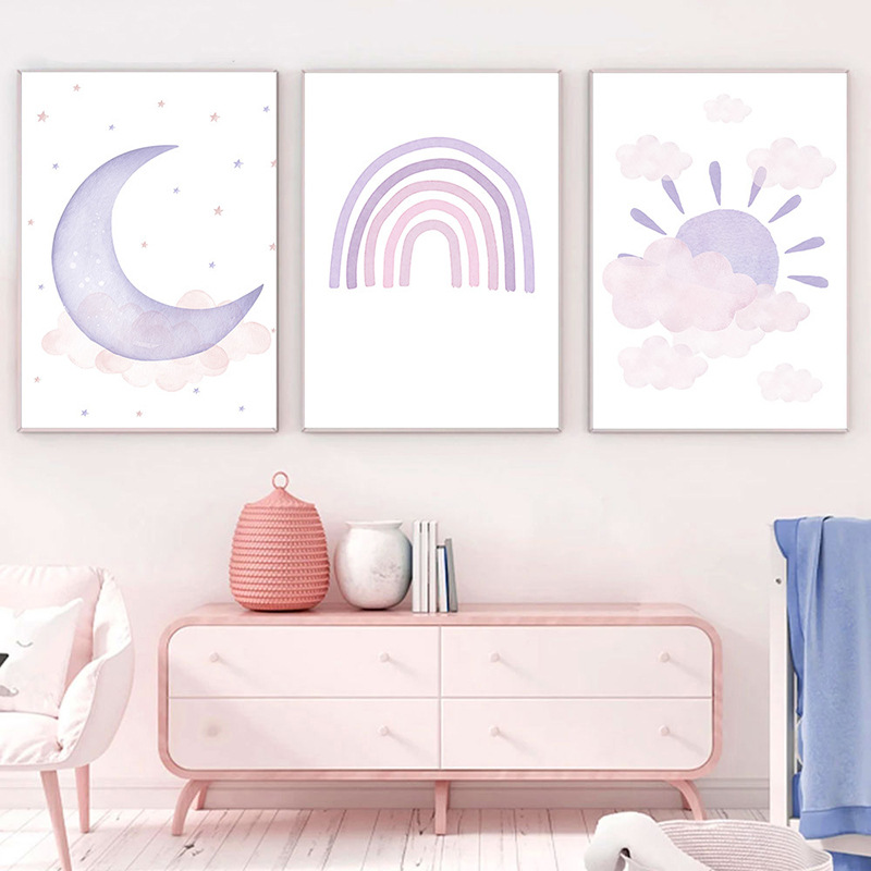 Kinderzimmerwand Aquarell Rosa Lila Wetter Regenbogen Sonne Stern Mond Babyzimmer Hanin Leinwand Dekorativ_voghion.com
