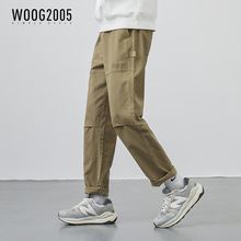 WOOG2005卡其色刺绣宽松工装裤男2022年春季新款潮流直筒休闲裤子