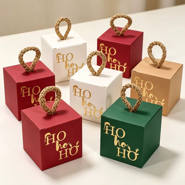 Amazon Christmas small square box with gold stamping HOHO handbag box Christmas Eve candy gift packaging box in stock for delivery