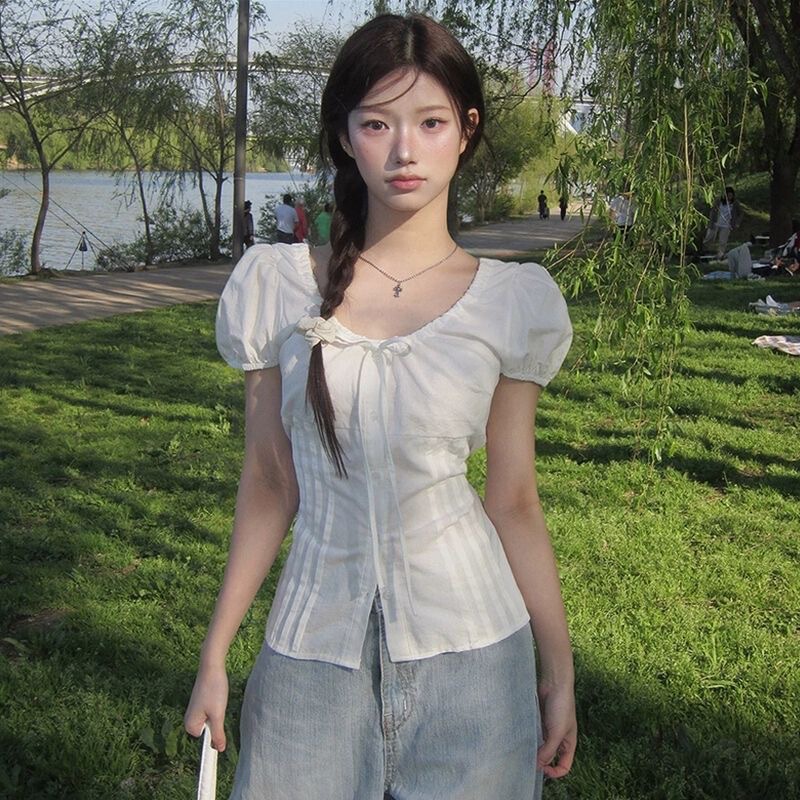 Korean-Style Sweet and Pure White Puff-Sleeve Shirt for Women, Summer Tie-Waist Slim-Fit Short-Sleeve Blouse, Short Top Korean-Style Sweet and Pure White Puff-Sleeve Shirt for Women, Summer Tie-Waist Slim-Fit Short-Sleeve Blouse, Short Top