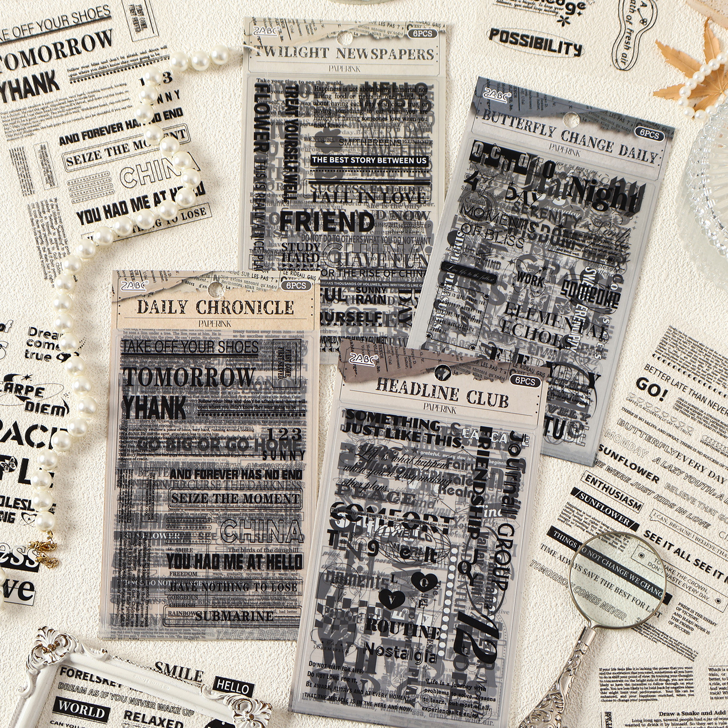 Old News Record Series Pegatinas de pet transparentes a prueba de agua Pegatinas de diario de bricolaje Pegatinas de letras negras en inglés transfronterizo