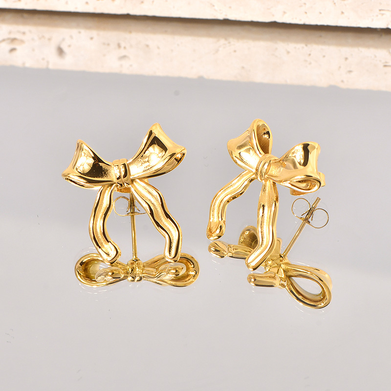 Titanium Steel Material 1 Pair Sweet Bow Knot Titanium Steel 18K Gold Plated Ear Studs
