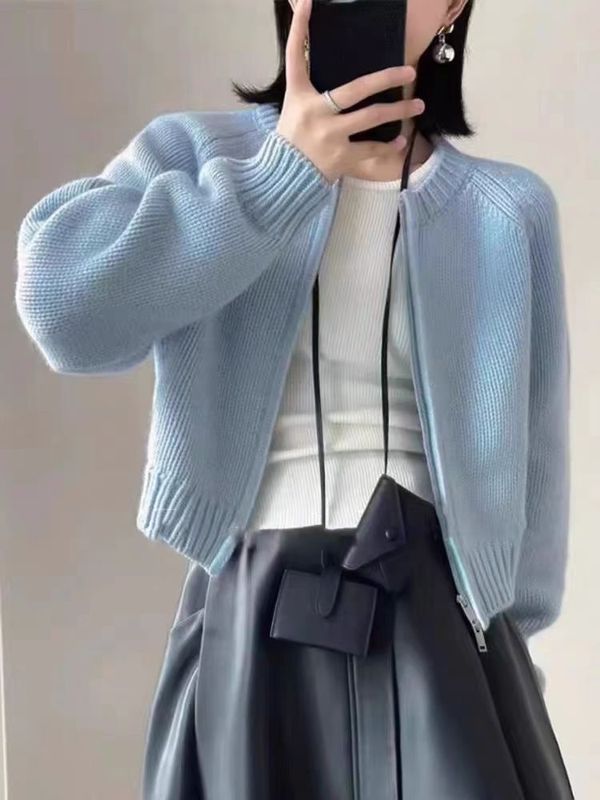 慵懒风双拉链毛衣外套女2025秋冬短款设计感小众简约韩系针织开衫|undefined