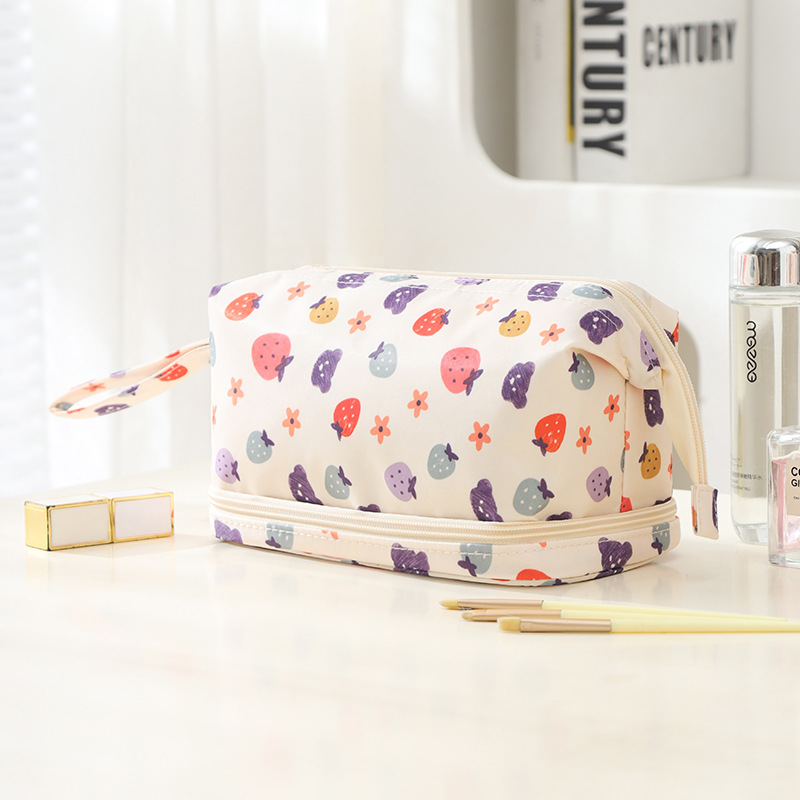 Runhui bolsa de cosméticos de doble capa de sarga de diseño bolsa de lavado de viaje de negocios bolsa de almacenamiento de cosméticos de doble capa de gran capacidad