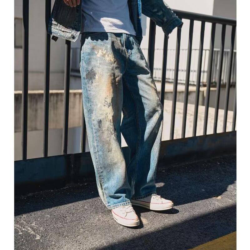 American Retro Trendy Brand Distressed Tie-Dye Jeans for Men, Summer High Street Cool Design Straight Wide-Leg Pants