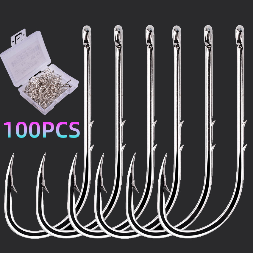 Boxed Set of 100 Trendy Hooks, Fishing Hooks with Barbs, High Carbon Steel Regular Single Hooks, Double Barbed Hooks