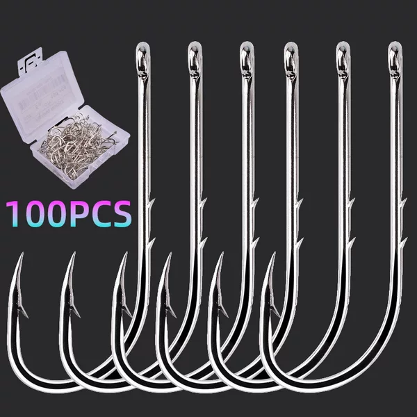 Boxed Set of 100 Trendy Hooks, Fishing Hooks with Barbs, High Carbon Steel Regular Single Hooks, Double Barbed Hooks