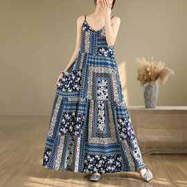 实拍   海边度假风复古印花波西米亚吊带连衣裙