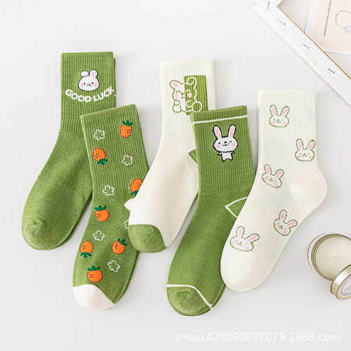 Cartoon Rabbit Ins Student Sports Wholesale Sweat Absorbent Spring and Autumn Cross-border Trade Women's Medium Calf Socks