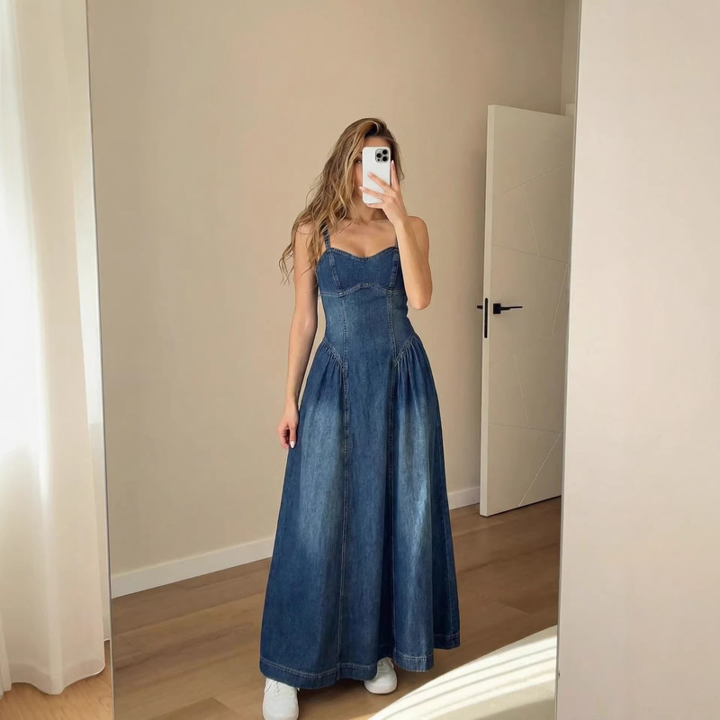 Br&Za 2026 New Summer Style European and American Ins-Style Women's Clothing, Holiday Style Flared Hem Denim Suspender Skirt