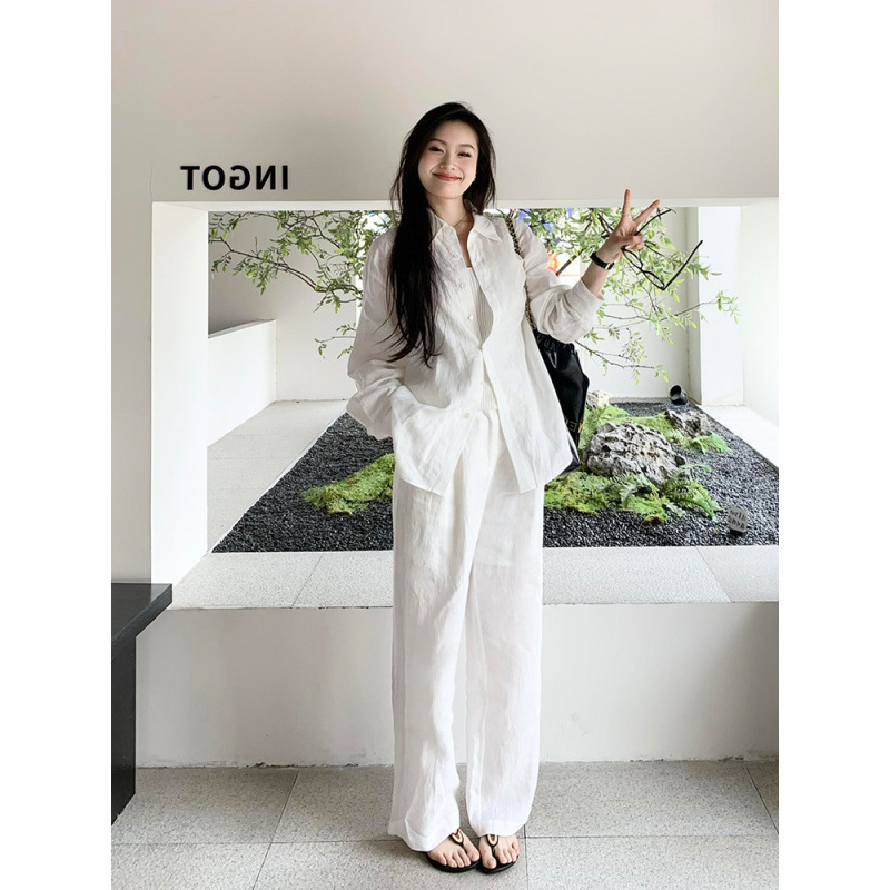 2025新款棉麻女套装休闲白色衬衫春夏时尚气质亚麻防晒衬衣两件套|undefined