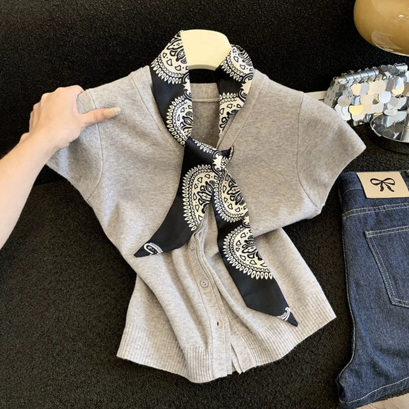 Vintage-Style Red Silk Scarf V-Neck Knit Short-Sleeve Women's New Old Money Style Slimming Versatile Top Trendy A11767 Vintage-Style Red Silk Scarf V-Neck Knit Short-Sleeve Women's New Old Money Style Slimming Versatile Top Trendy A11767