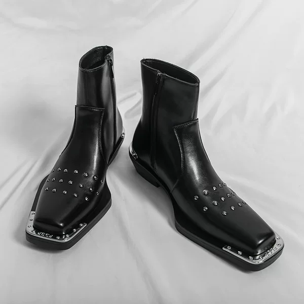 Cross-Border Trendy Square-Toe Martin Boots, High-Heeled Chelsea Boots, Men's Spring and Autumn High-Top Iron-Toe Zippered Casual Martin Boots