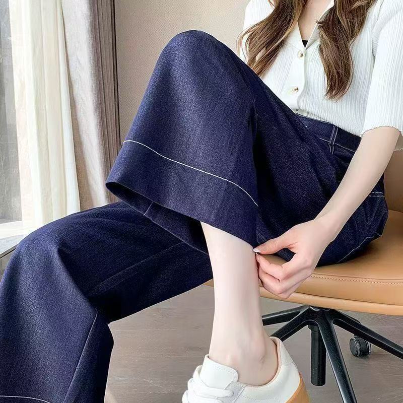 Popular High-Waisted Slim-Fit Thin Straight-Leg Jeans for Women, Spring and Autumn, Petite Size, Loose Fit, Slimming, Versatile Wide-Leg Cropped Pants