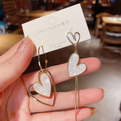 S925 Silver Needle Korean Asymmetric Love Tassel Earrings Fashion Internet Celebrity Heart Shape Long Earrings Stud Earrings Women B564