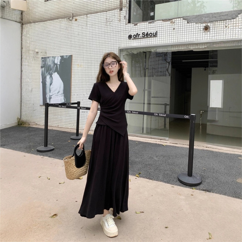 跨境大胖mm女夏季新修身显瘦遮肉休闲短袖衣半身裙气质两件套装纯|undefined