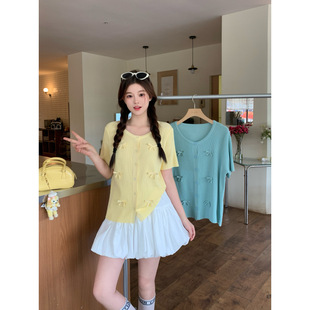 2025 Summer New chubby girl plus size Women's Three-dimensional Bow Short-sleeved Knitted Cardigan Sweet Thin Top