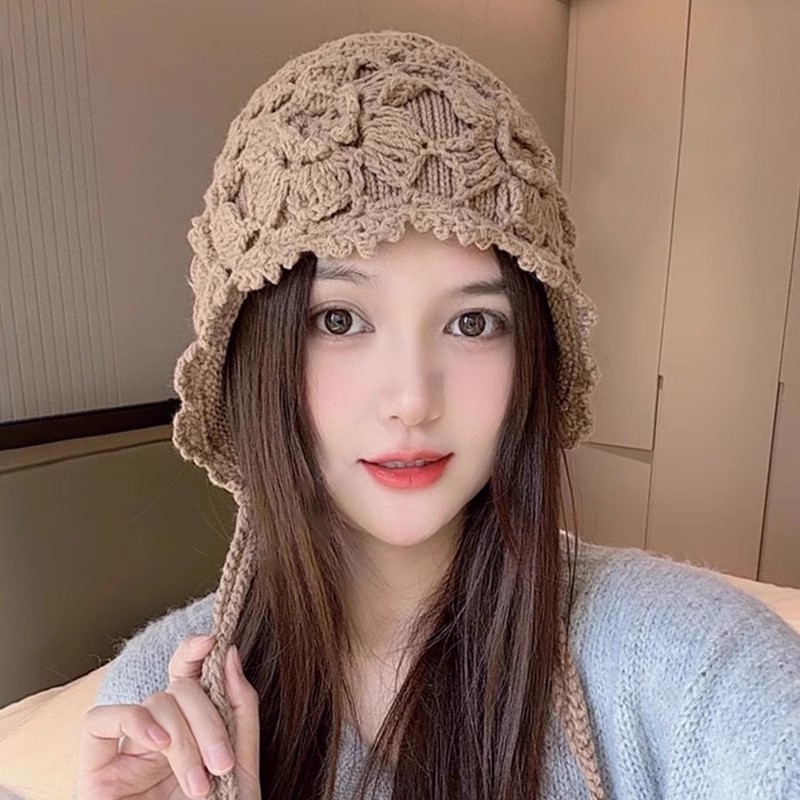 2025新款花朵手工编织双层辫子毛线帽子女秋冬保暖百搭针织护耳帽|undefined