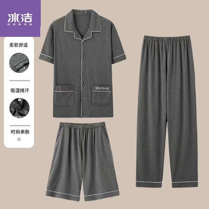 100% pijamas de algodón de los hombres de verano cardigan pantalones cortos de manga corta pantalones de tres piezas delgada más tamaño homewear traje