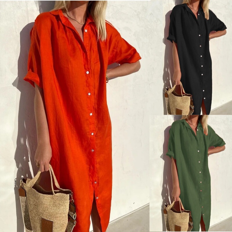 Aliexpress Independent Site Women's Elegant Casual Loose Short-Sleeve Button Dress Cotton Linen Long Pocket Shirt Dress