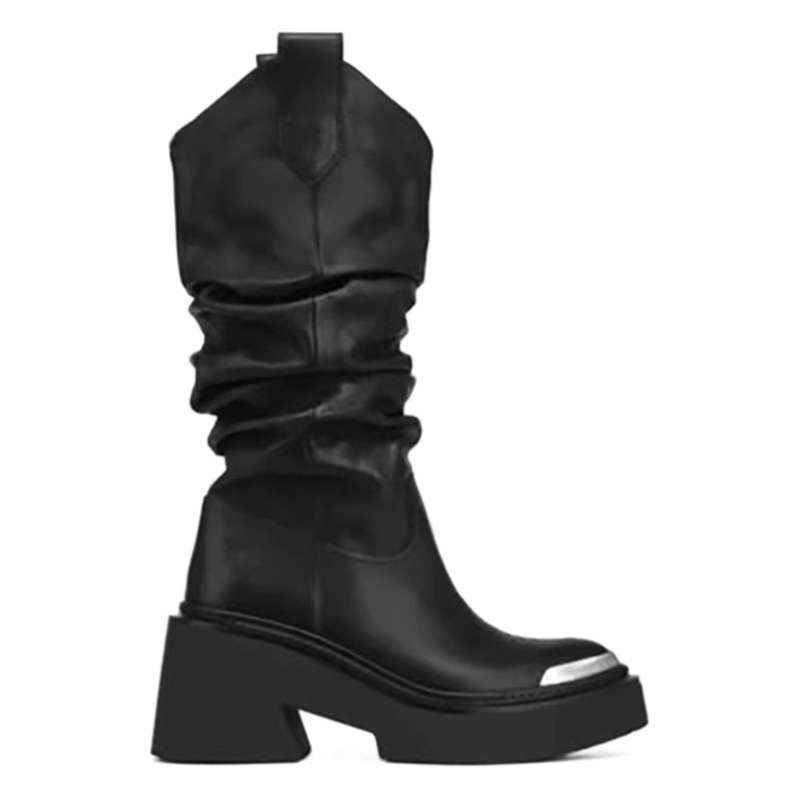 同じデザインのウエスタンカウボーイブーツ女性のための秋2025新しい厚底パイルブーツスリーブハイヒールブーツトレンディ