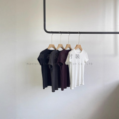 「ソフトでワックスのようなQ感」レディースコットンリヨセル右肩小フライングスリーブラウンドネックTシャツスリムフィットニットセーター半袖夏