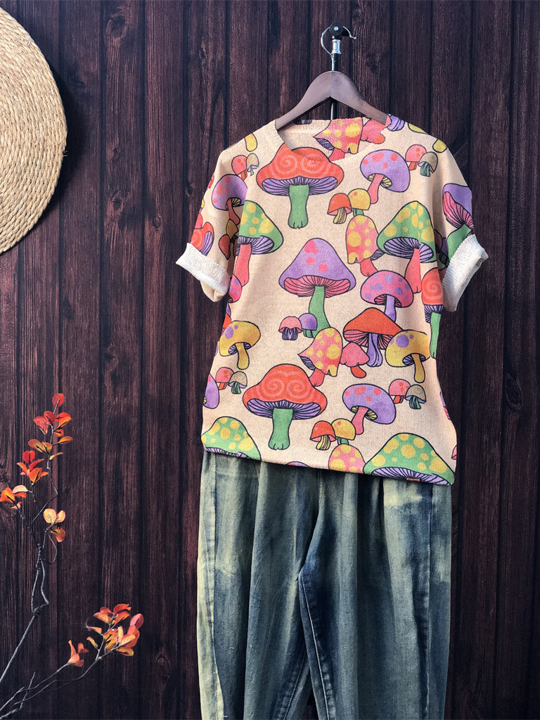 2025 Summer New Original Printed Knitwear Casual plus size Loose Spot Abstract Hemp Thin Women's Short Sleeve