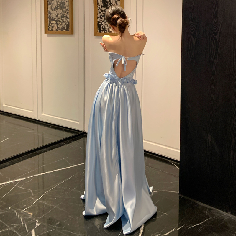 Blue Strapless Gown for Women, Floor-Length Dress for Graduation, Adult Ceremony Dress, Bride's Engagement and Wedding Robe, Toast Dress
