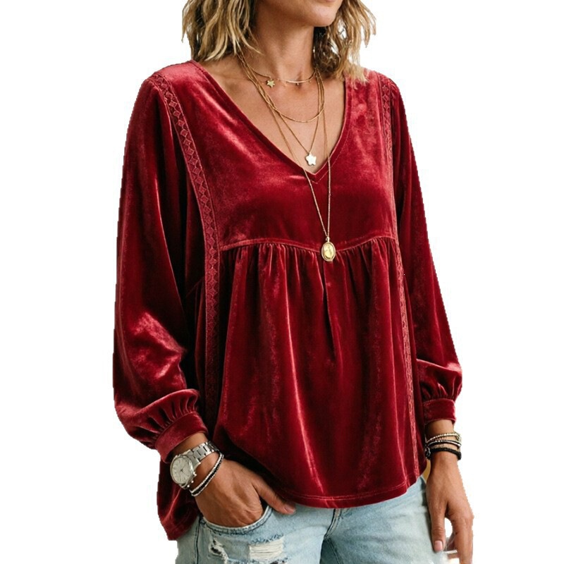 2026 Autumn Foreign Trade European and American Cross-Border New Women's Clothing V-Neck Lace Velvet Casual Loose Long-Sleeve Blouse Shirt 2026 Autumn Foreign Trade European and American Cross-Border New Women's Clothing V-Neck Lace Velvet Casual Loose Long-Sleeve Blouse Shirt