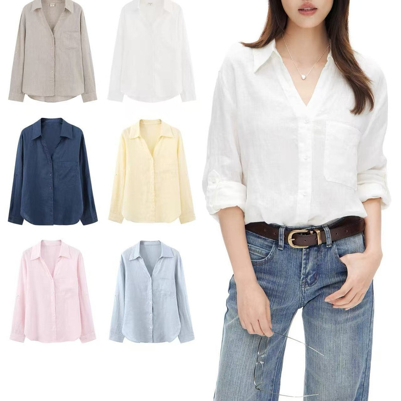 Hnyb Stay Safe, Simple and Versatile V-Neck Solid Color Long-Sleeve Natural Linen White Shirt for Women Casual Q252004