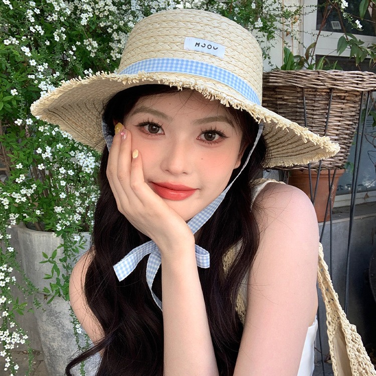 Summer French sweet and versatile flat-top braided lace-up straw hat…