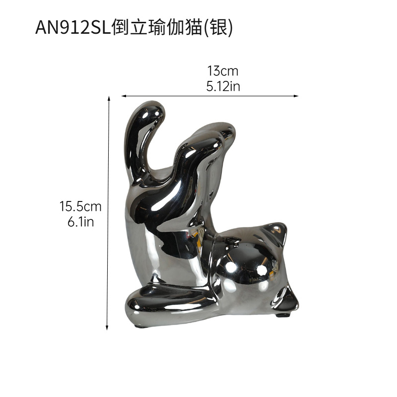 Adornos de gato de cerámica plateada, sala de estar, mueble de TV, mueble de vino, porche para el hogar, estantería de escritorio, decoraciones suaves