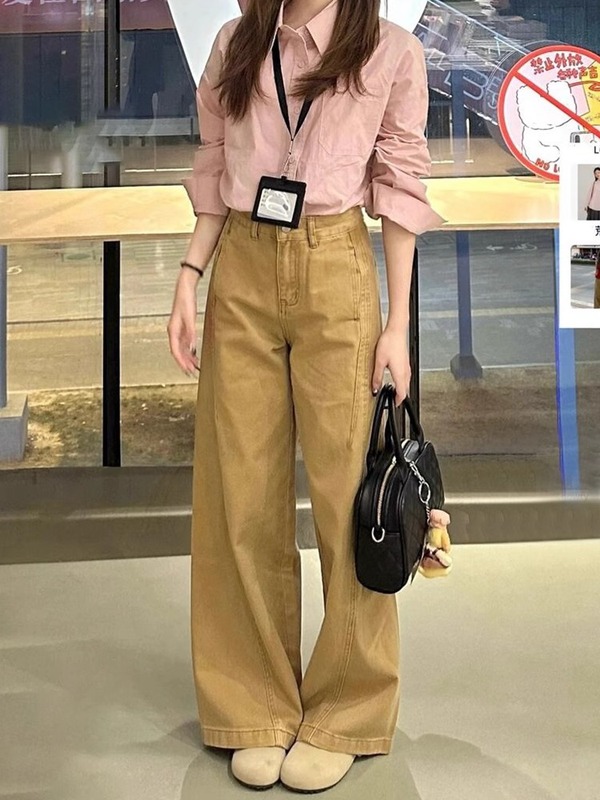 美式卡其色阔腿弯刀牛仔裤女夏季新款设计感宽松显瘦直筒休闲裤子|undefined