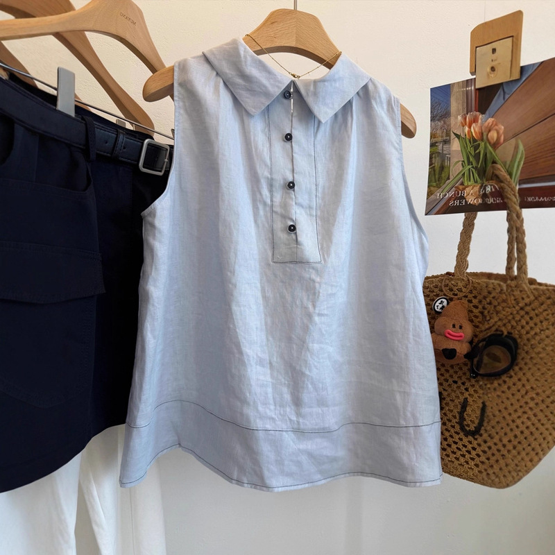 Designer Style! Collar Elegant Linen Vest Women's A-Line Sleeveless Shirt Women's New Summer Product